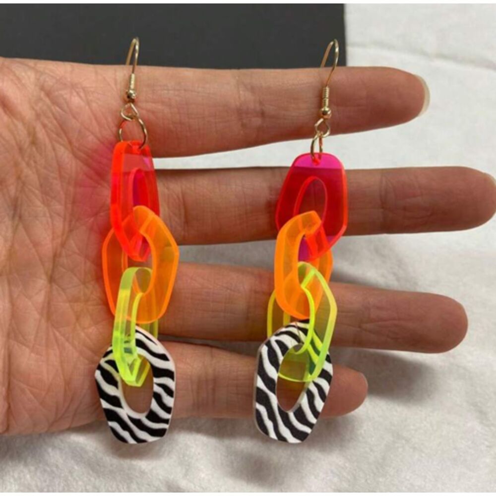 Vibrant Neon Chain Earrings Pink Orange Green Zebra 3.75"